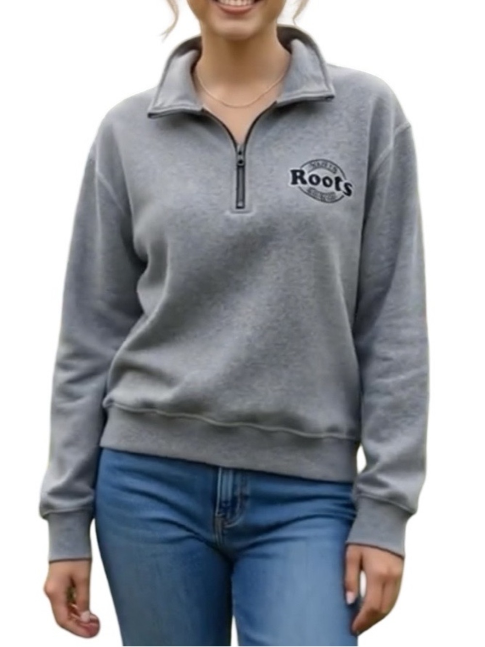 Roots Canada Athletics 3/4 Zip Sweat Shirt Sporty Cottage-core Salt Pepper XS